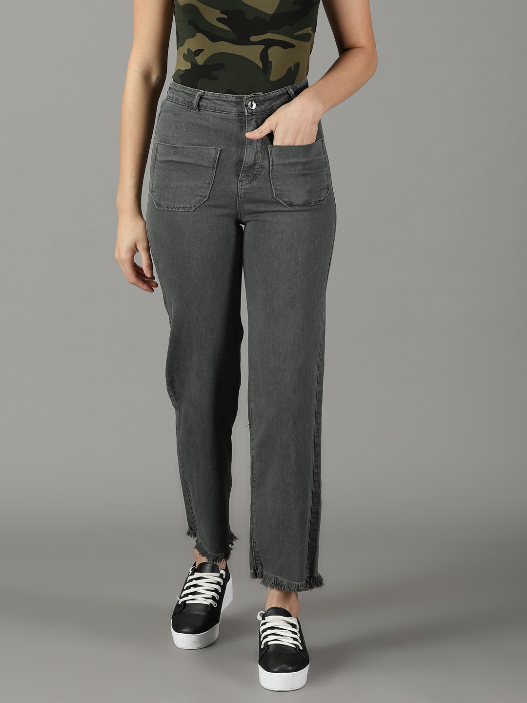 Women's Grey Solid Wide Leg Denim Jeans