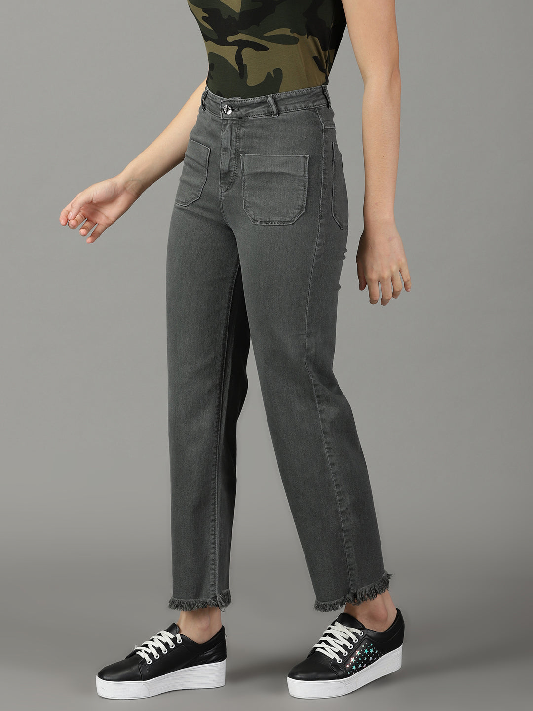 Women's Grey Solid Wide Leg Denim Jeans