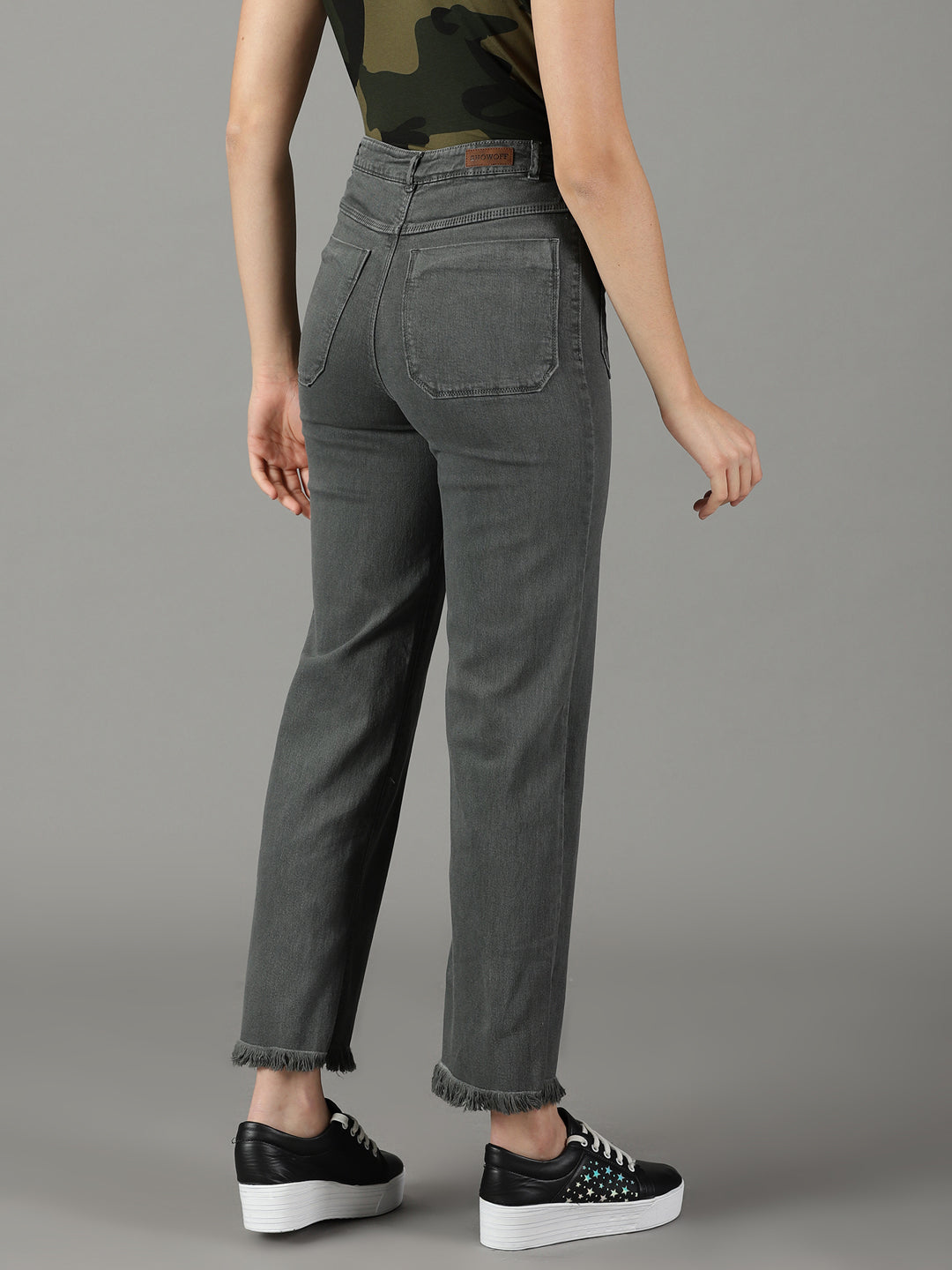 Women's Grey Solid Wide Leg Denim Jeans