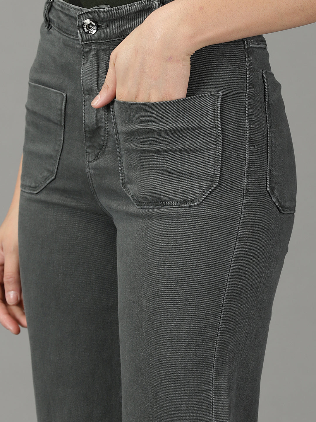 Women's Grey Solid Wide Leg Denim Jeans