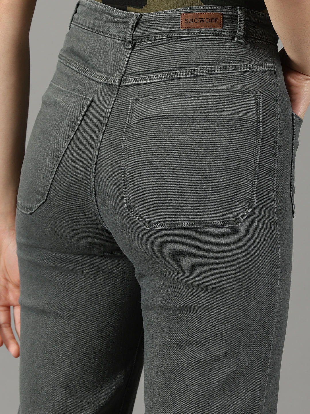 Women's Grey Solid Wide Leg Denim Jeans