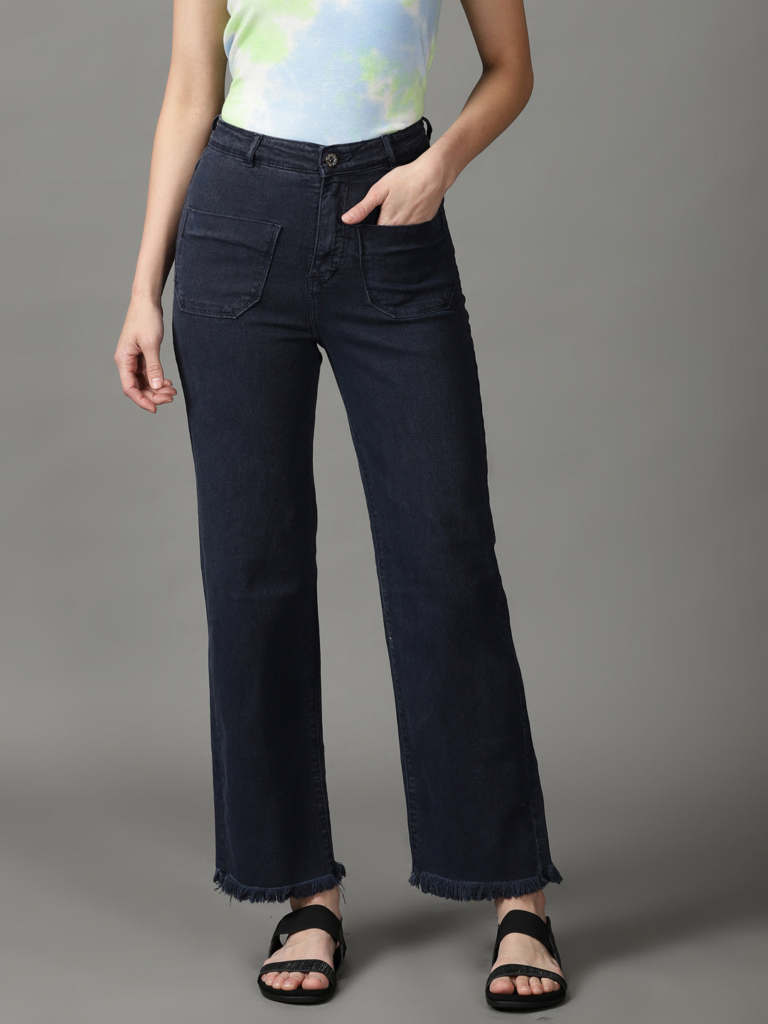 Women's Navy Blue Solid Wide Leg Denim Jeans