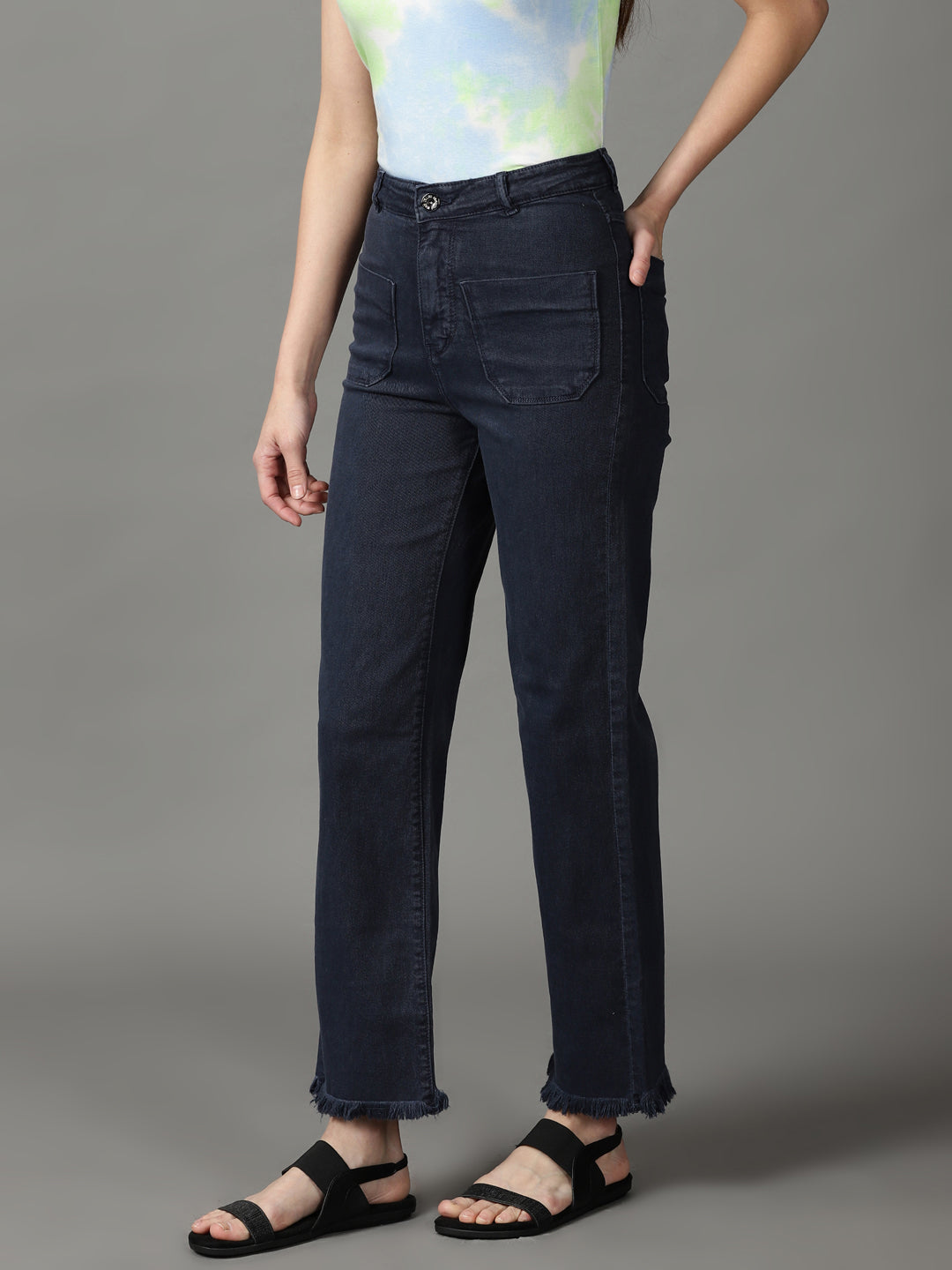 Women's Navy Blue Solid Wide Leg Denim Jeans