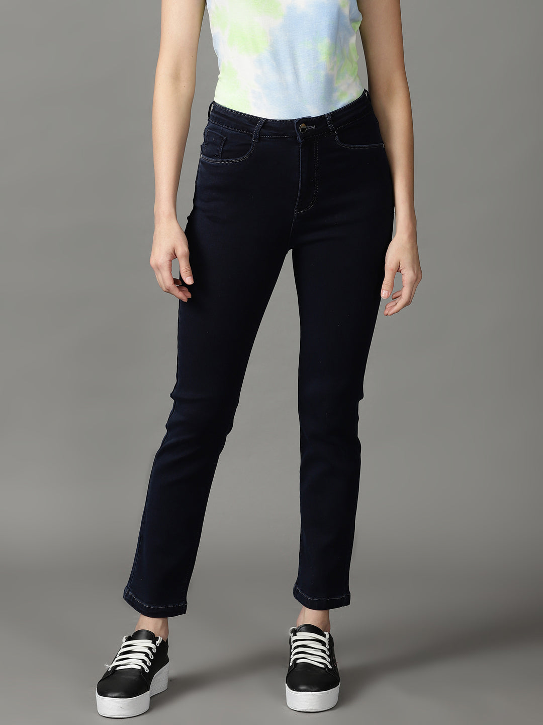 Women's Navy Blue Solid Fit Denim Jeans