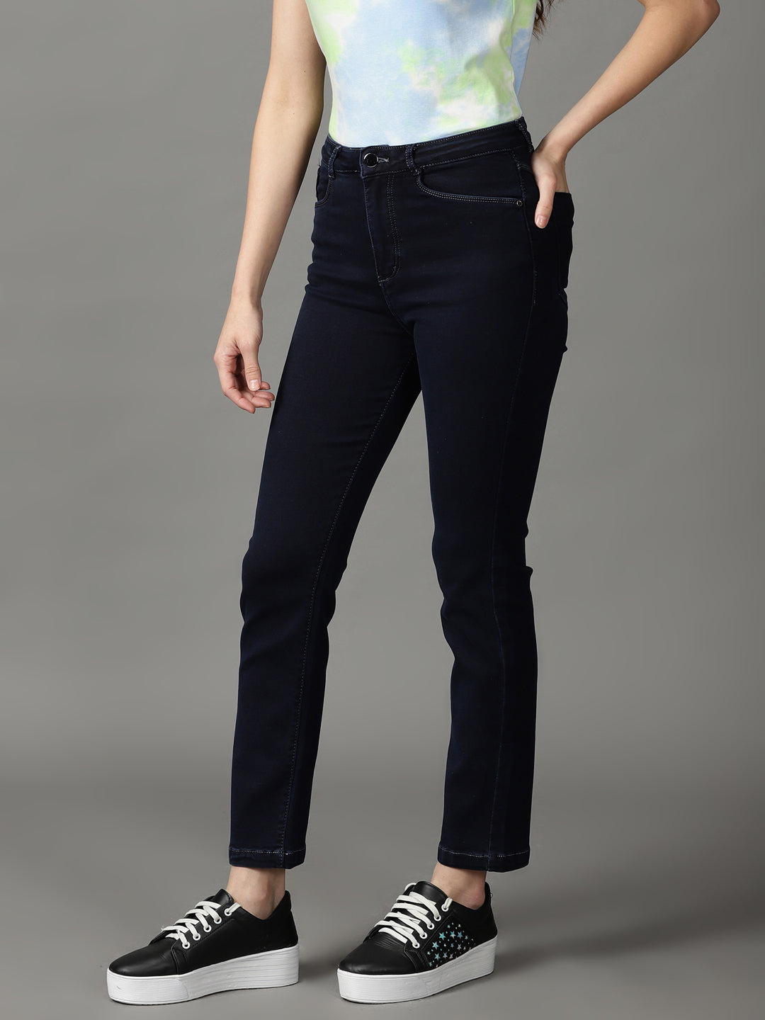 Women's Navy Blue Solid Fit Denim Jeans