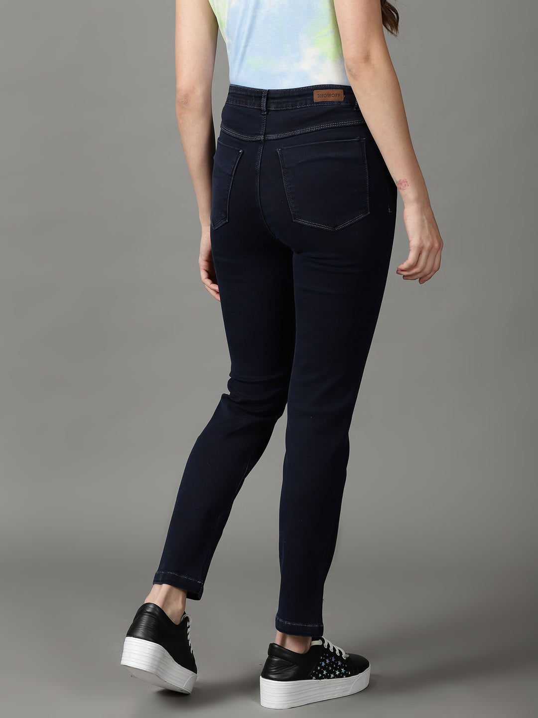 Women's Navy Blue Solid Fit Denim Jeans