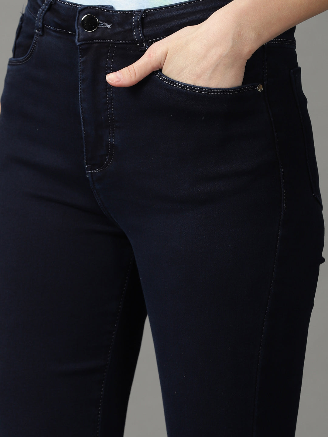 Women's Navy Blue Solid Fit Denim Jeans