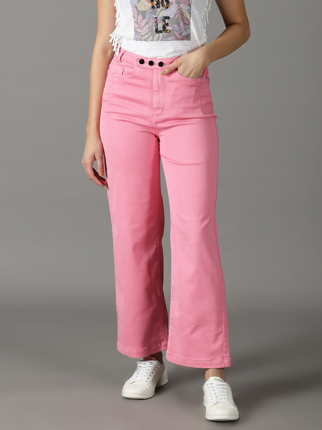 Women's Pink Solid Wide Leg Denim Jeans