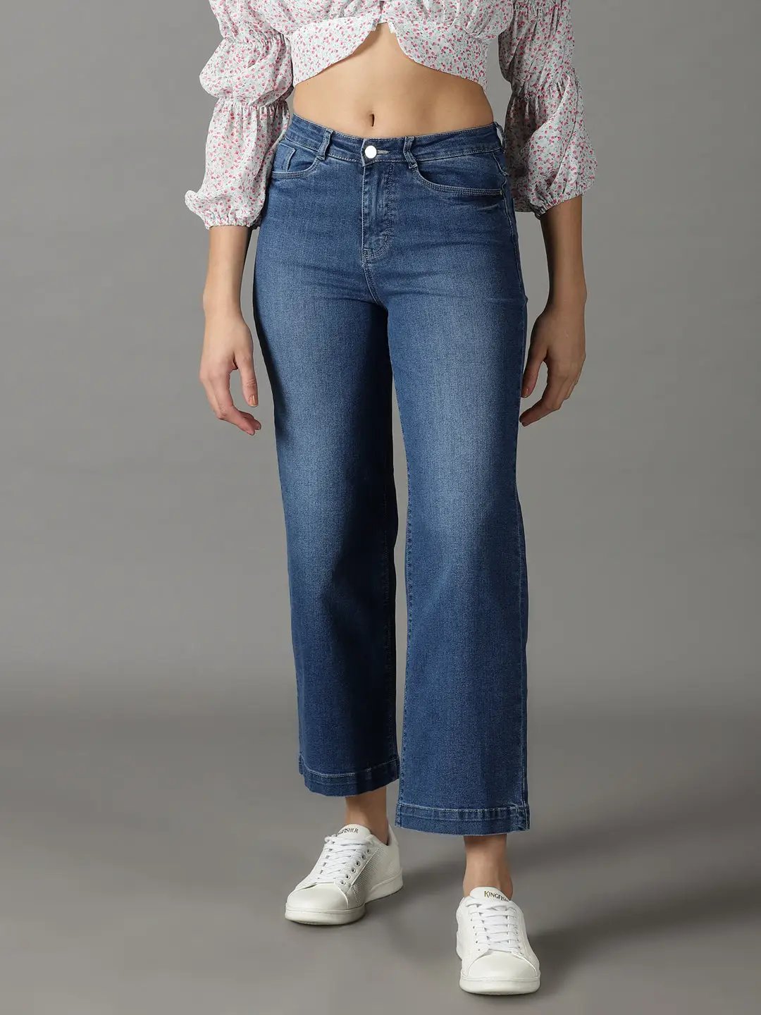 Women's Blue Solid Wide Leg Denim Jeans