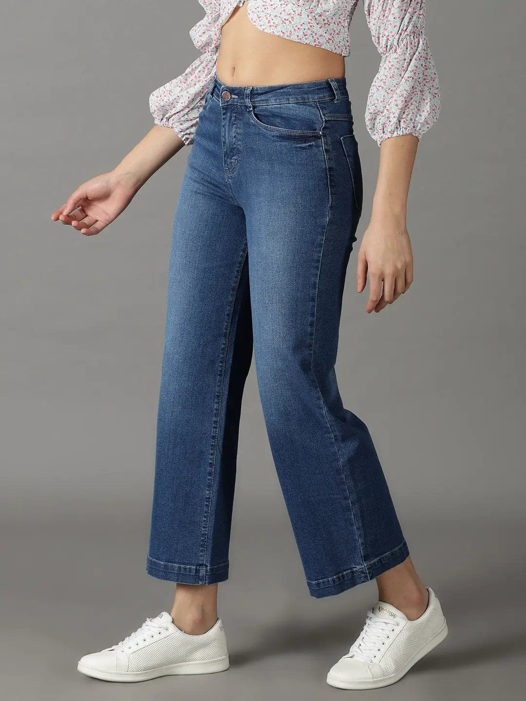 Women's Blue Solid Wide Leg Denim Jeans