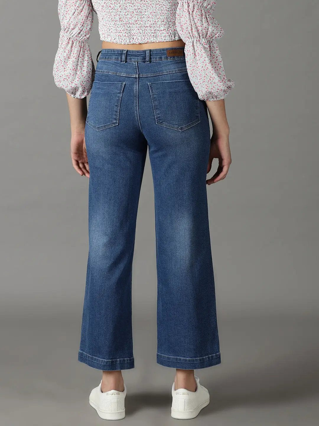 Women's Blue Solid Wide Leg Denim Jeans