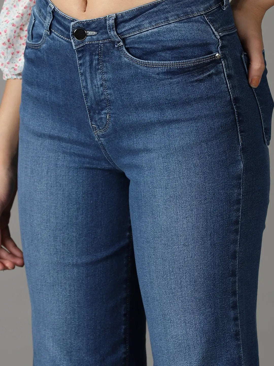 Women's Blue Solid Wide Leg Denim Jeans