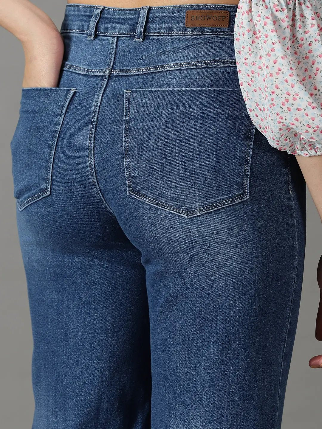 Women's Blue Solid Wide Leg Denim Jeans