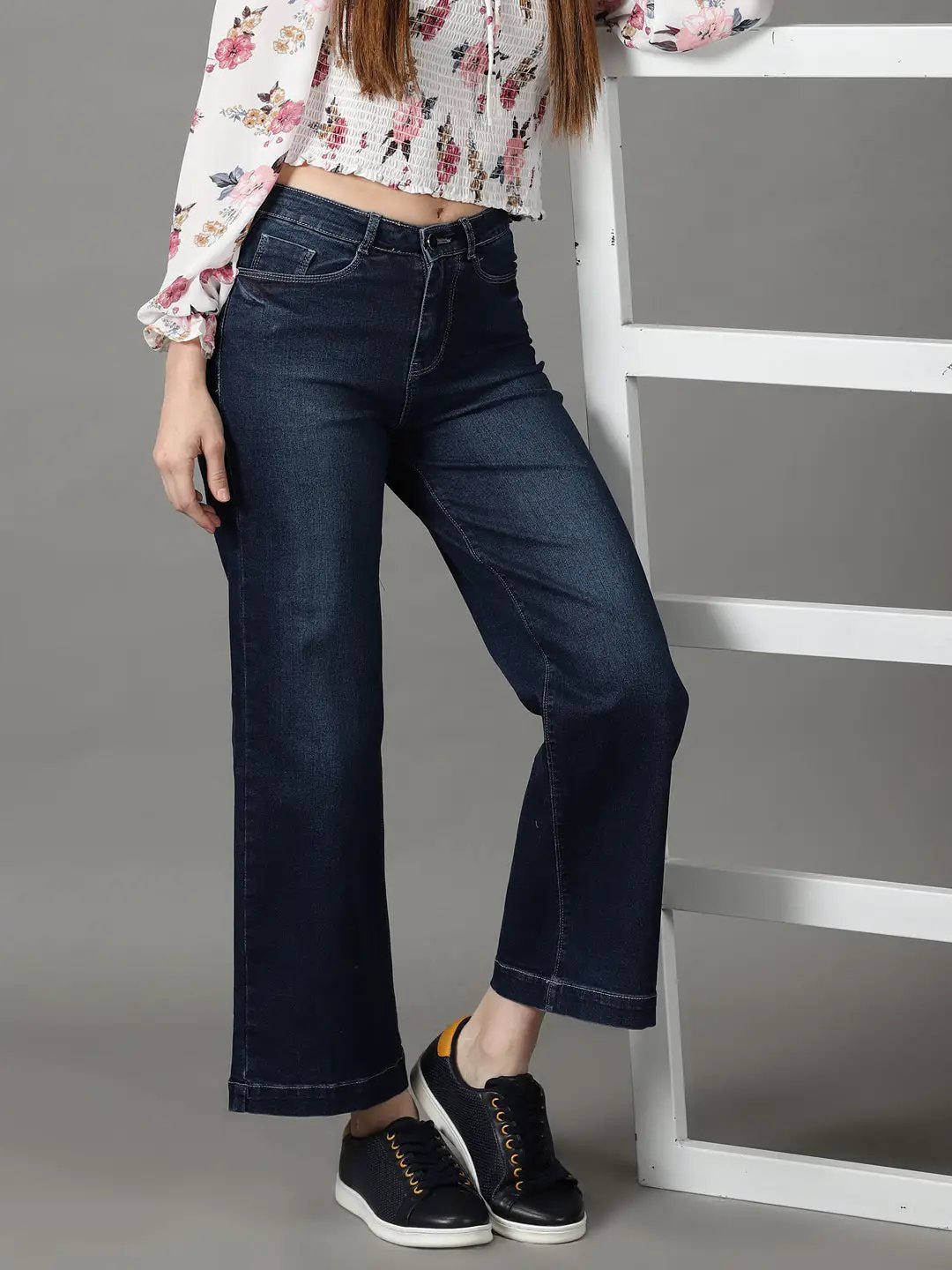 Women's Navy Blue Solid Wide Leg Denim Jeans