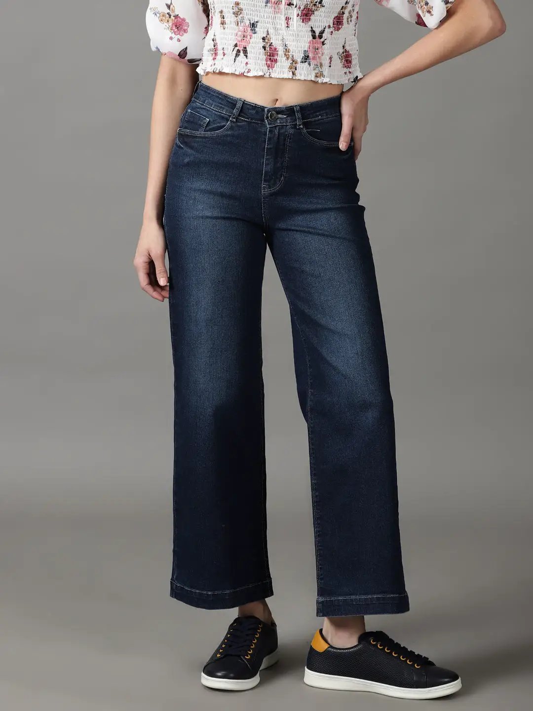 Women's Navy Blue Solid Wide Leg Denim Jeans
