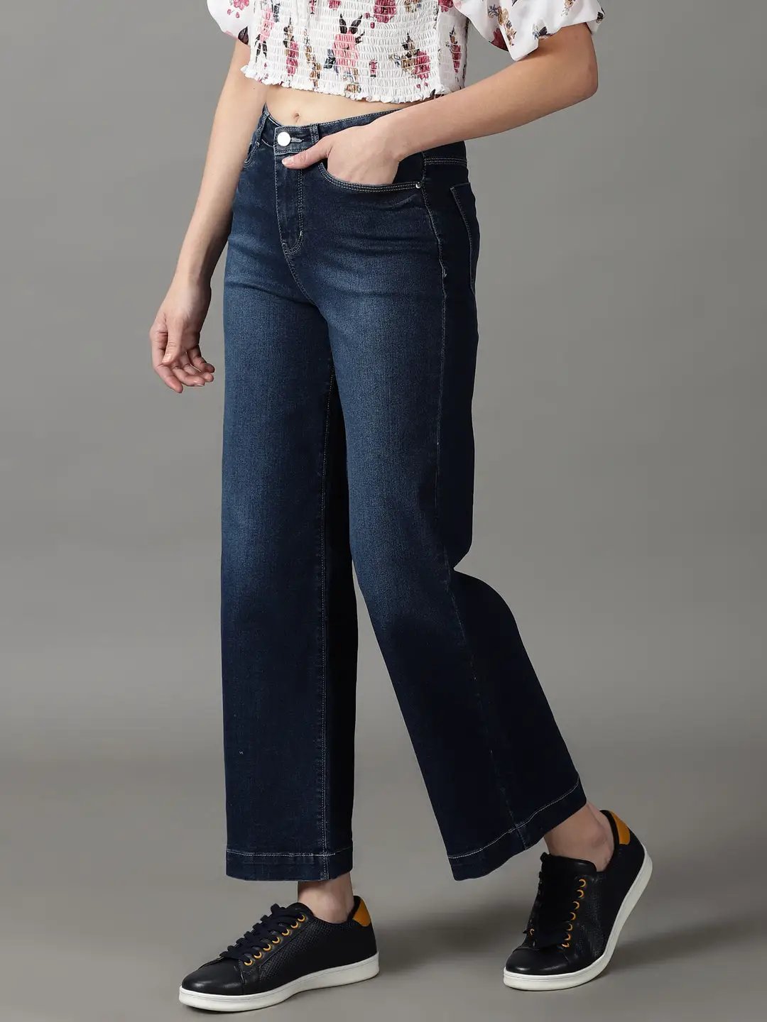Women's Navy Blue Solid Wide Leg Denim Jeans