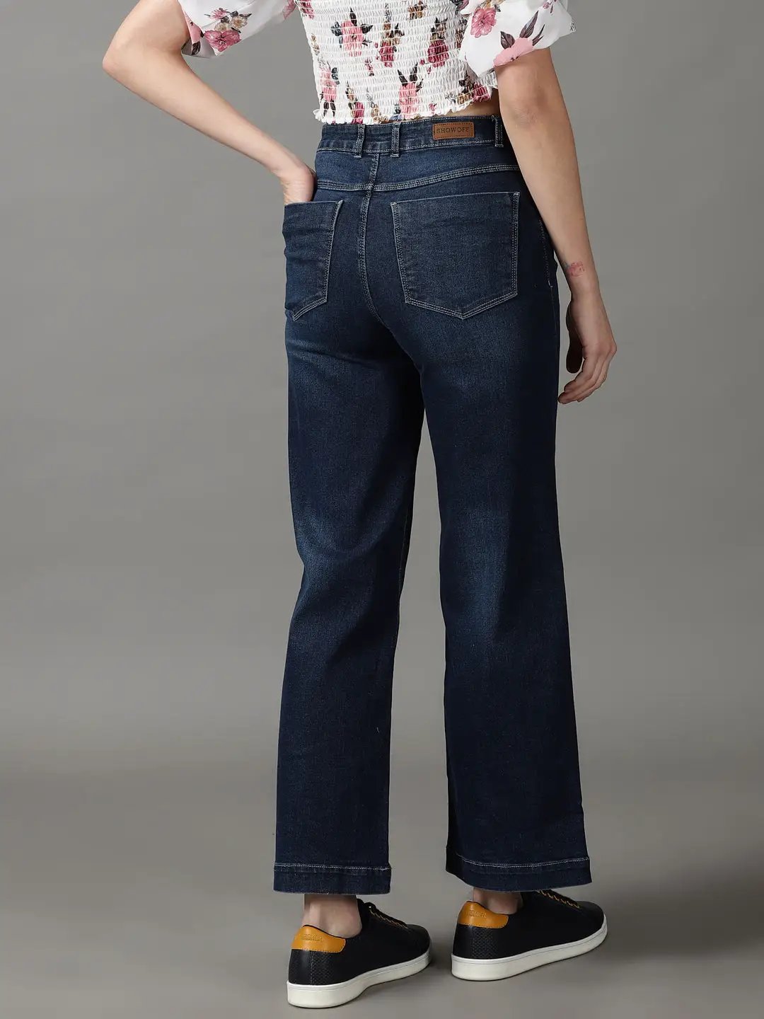 Women's Navy Blue Solid Wide Leg Denim Jeans