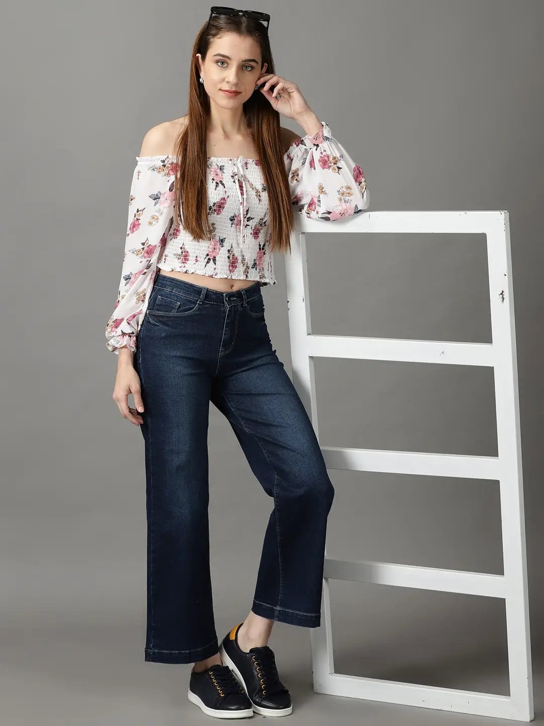 Women's Navy Blue Solid Wide Leg Denim Jeans