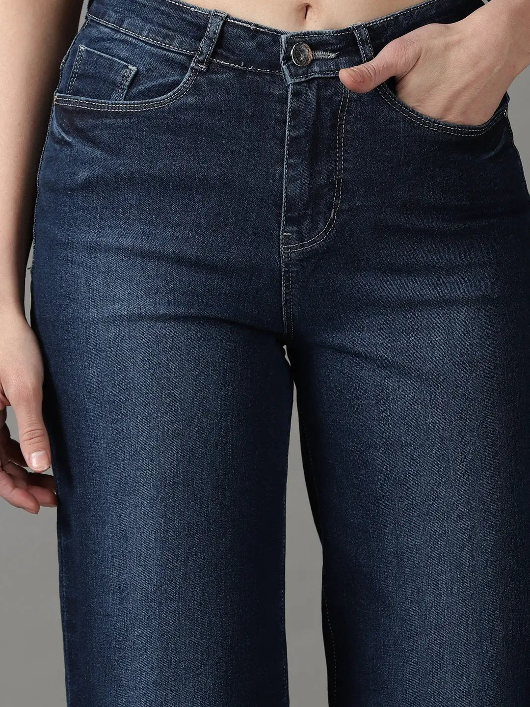 Women's Navy Blue Solid Wide Leg Denim Jeans
