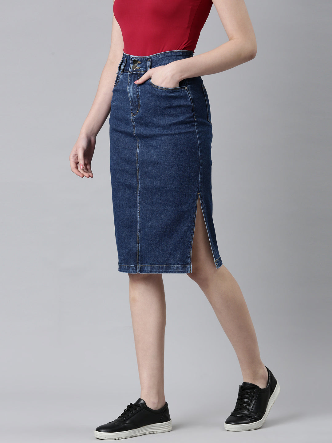 Women Blue Solid Pencil Skirt