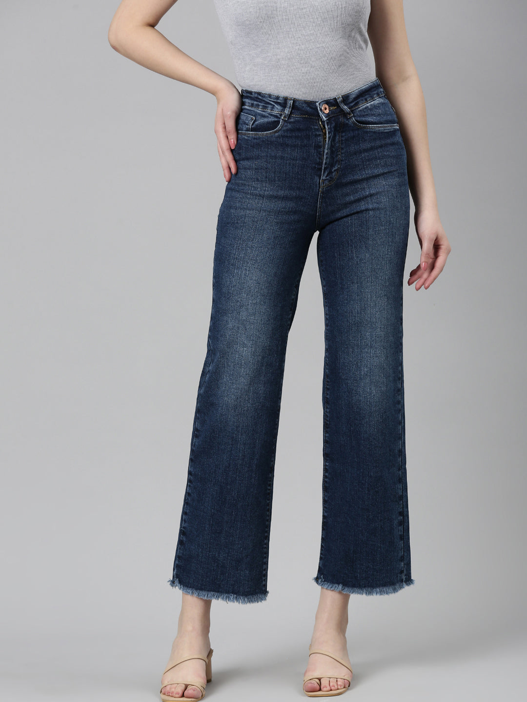 Women Blue Solid Wide Leg Denim Jeans