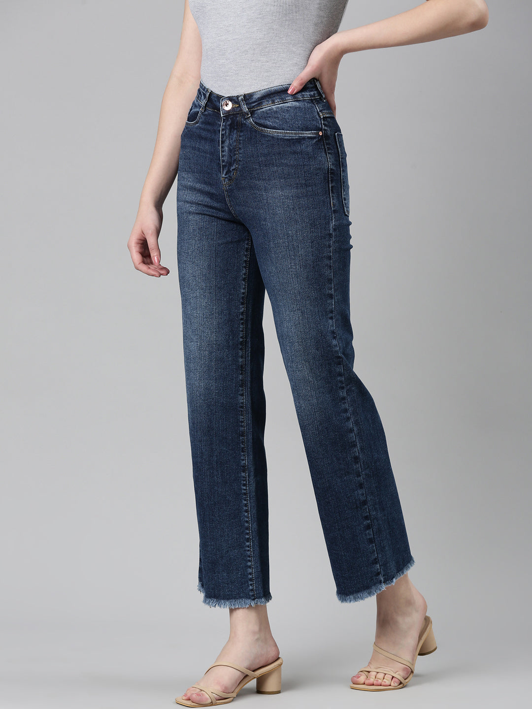 Women Blue Solid Wide Leg Denim Jeans