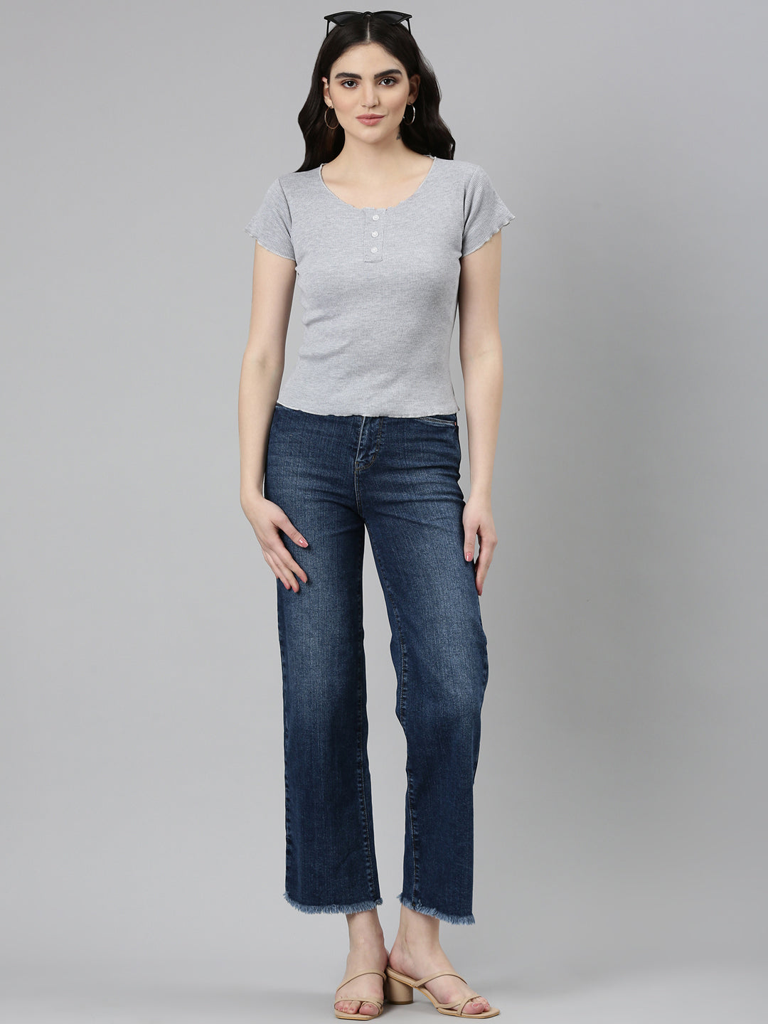 Women Blue Solid Wide Leg Denim Jeans