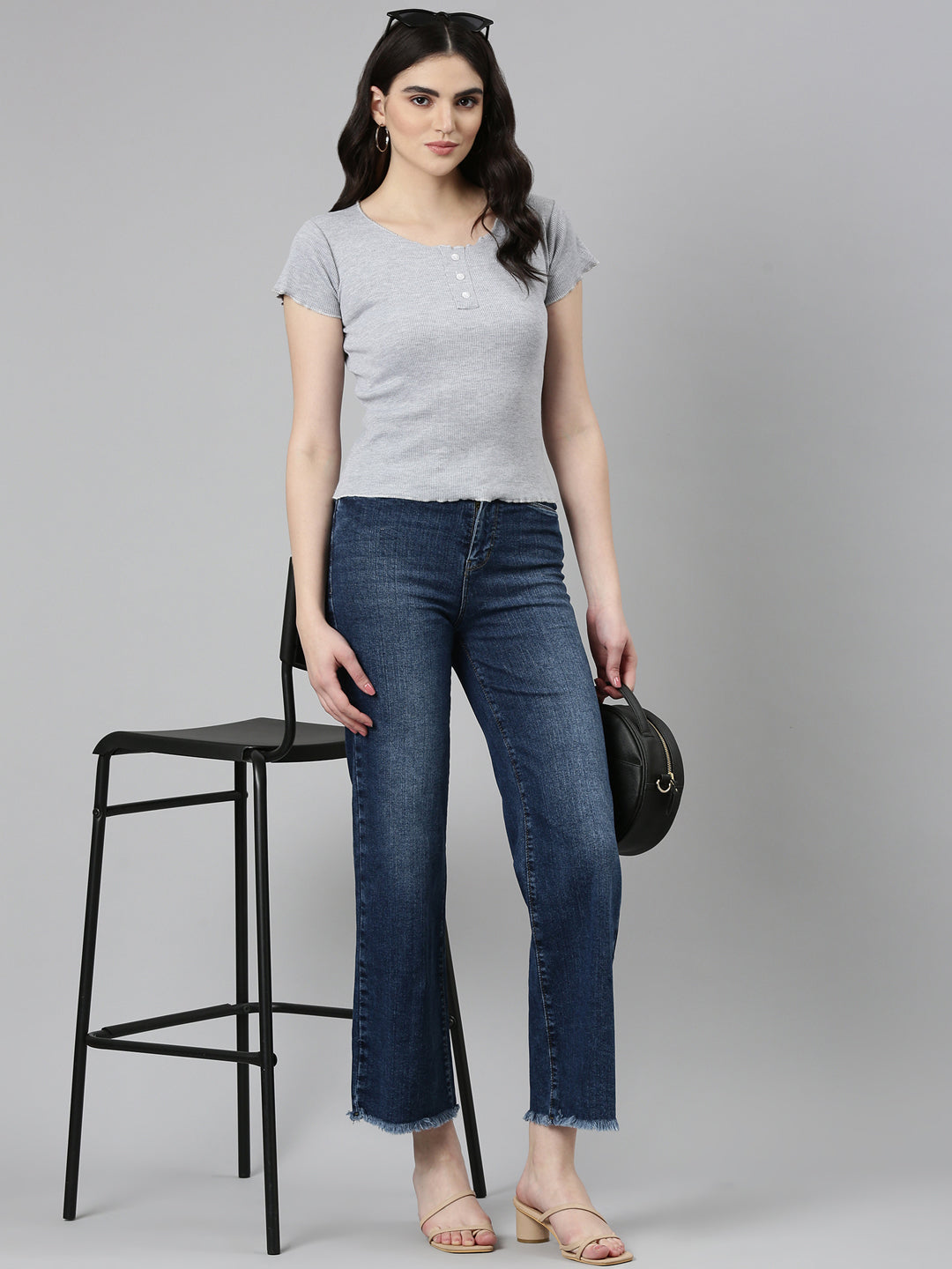 Women Blue Solid Wide Leg Denim Jeans