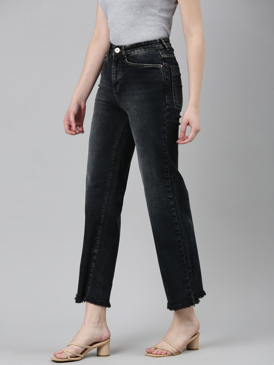 Women Charcoal Solid Mom Fit Denim Jeans