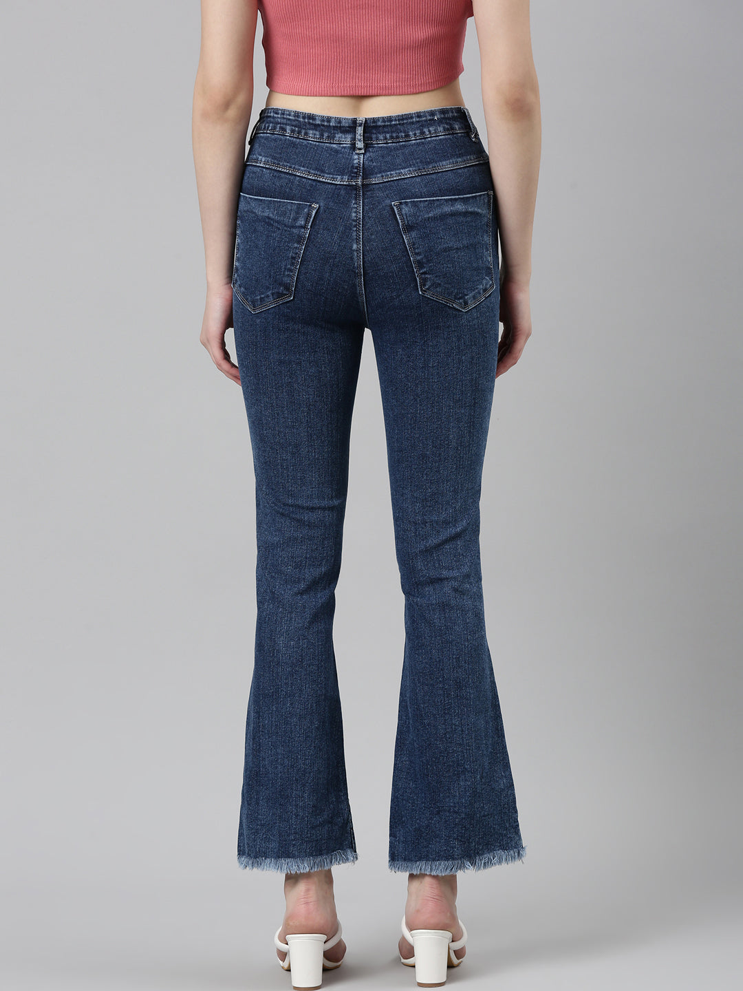 Women's Navy Blue Flared Clean Look Light Denim Jeans