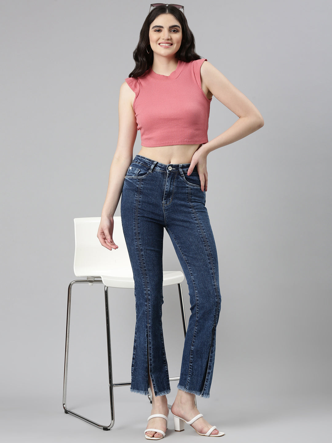 Women's Navy Blue Flared Clean Look Light Denim Jeans