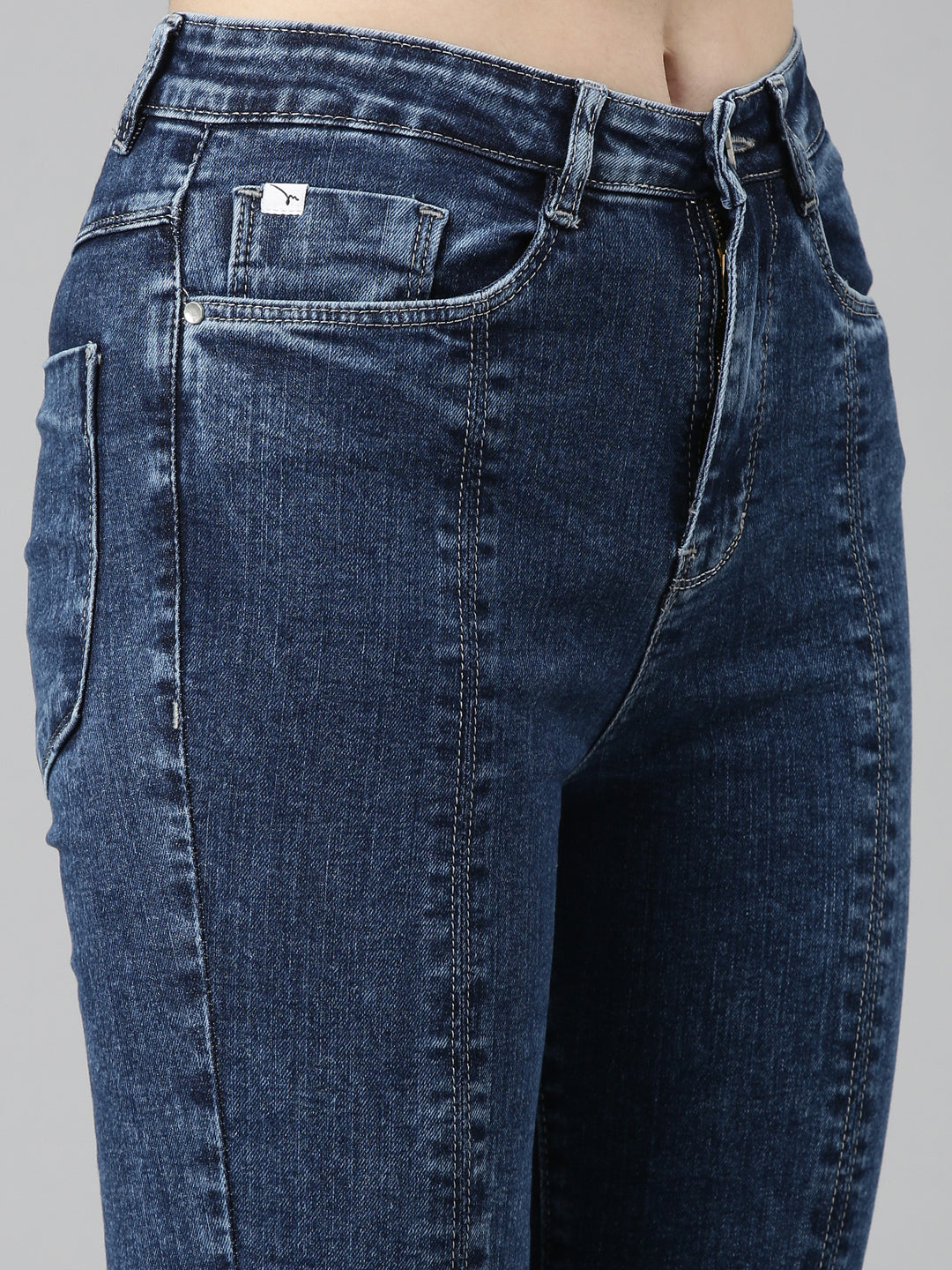 Women's Navy Blue Flared Clean Look Light Denim Jeans