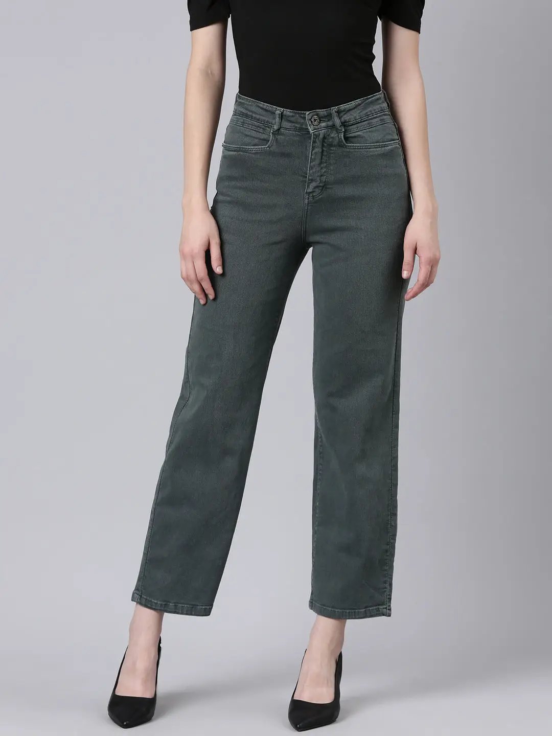 Women's Olive Straight Fit Clean Look Acid Wash Denim Jeans
