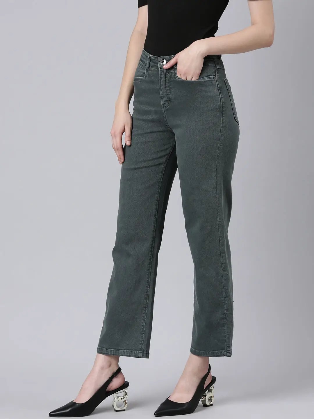 Women's Olive Straight Fit Clean Look Acid Wash Denim Jeans
