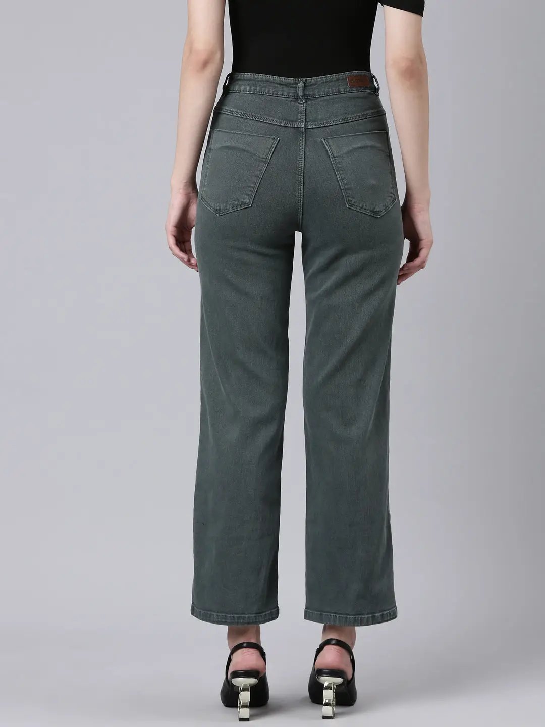 Women's Olive Straight Fit Clean Look Acid Wash Denim Jeans