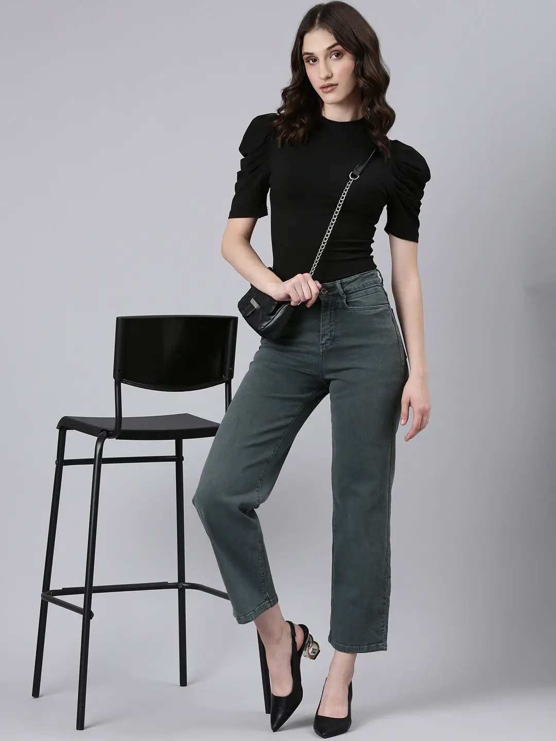 Women's Olive Straight Fit Clean Look Acid Wash Denim Jeans