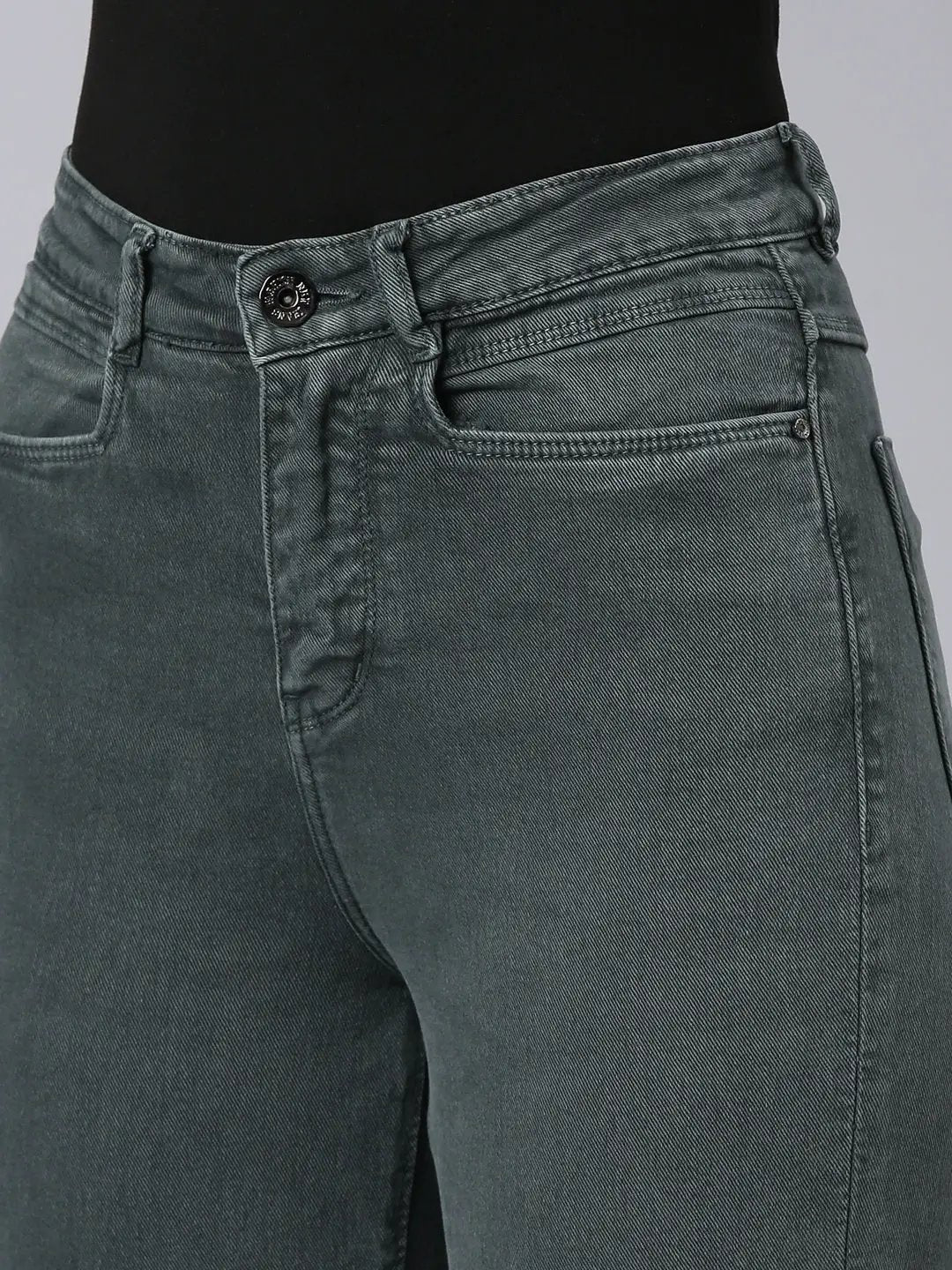 Women's Olive Straight Fit Clean Look Acid Wash Denim Jeans