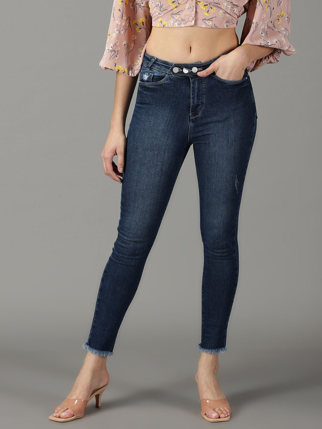 Women's Navy Blue Slim Fit High-Rise Light Fade Stretchable Cotton Jeans