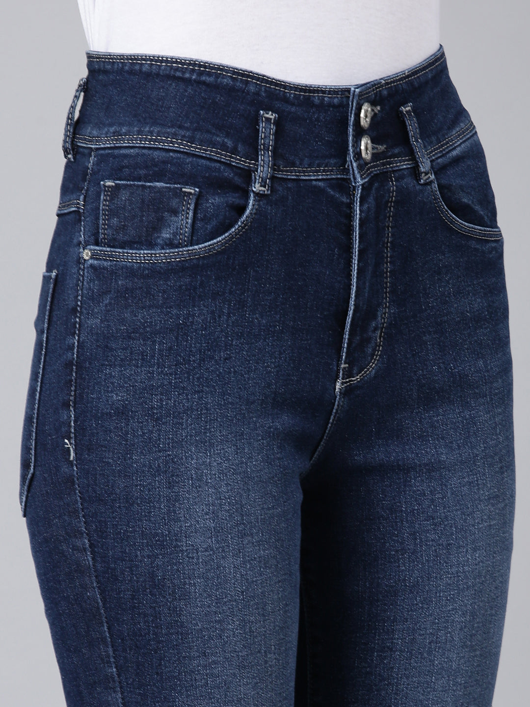 Women's Navy Blue Solid Flared Denim Jeans