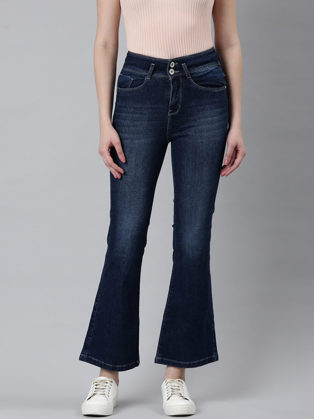 Women Navy Blue Solid Flared Denim Jeans