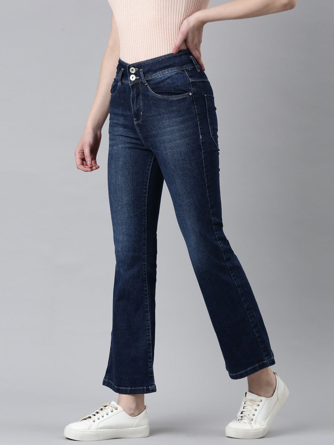 Women Navy Blue Solid Flared Denim Jeans