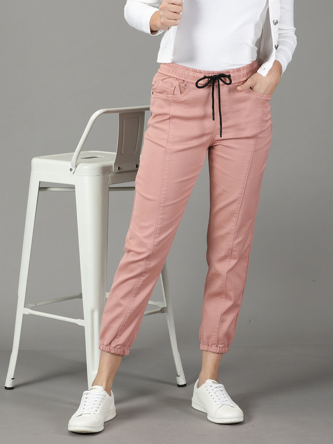 Women's Pink Solid Jogger Denim Jeans