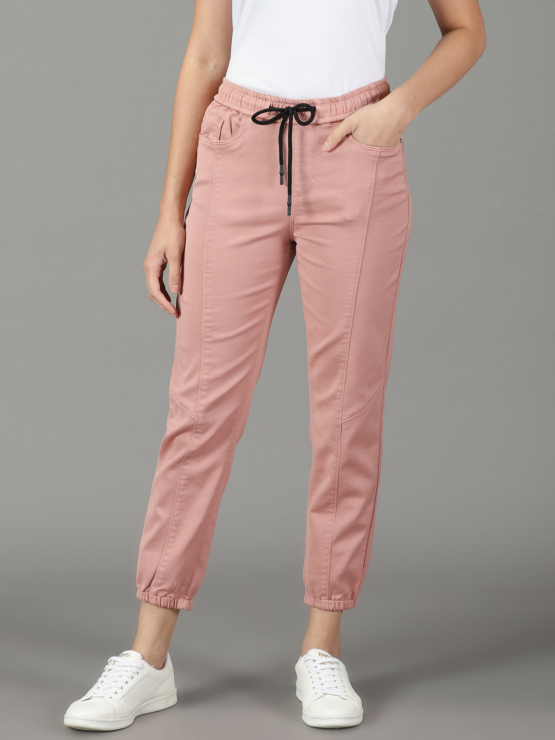 Women's Pink Solid Jogger Denim Jeans