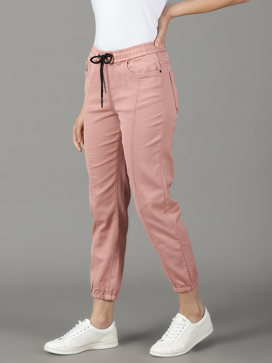 Women's Pink Solid Jogger Denim Jeans