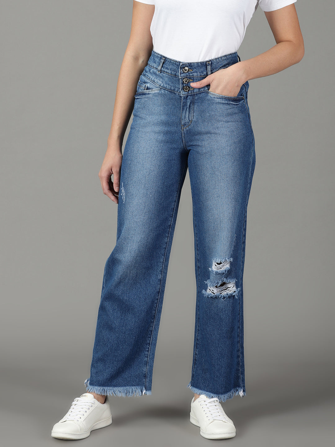 Women's Blue Solid Straight Fit Denim Jeans