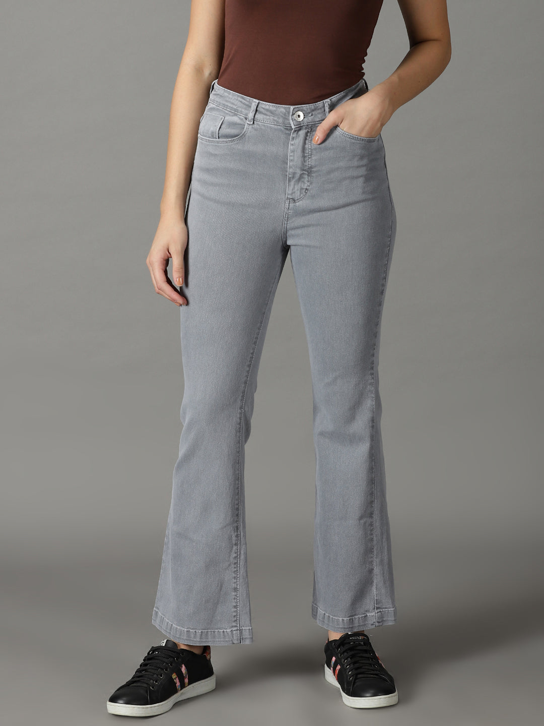 Women's Grey Solid Bootcut Denim Jeans