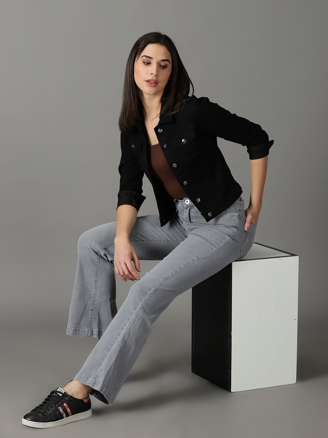 Women's Grey Solid Bootcut Denim Jeans