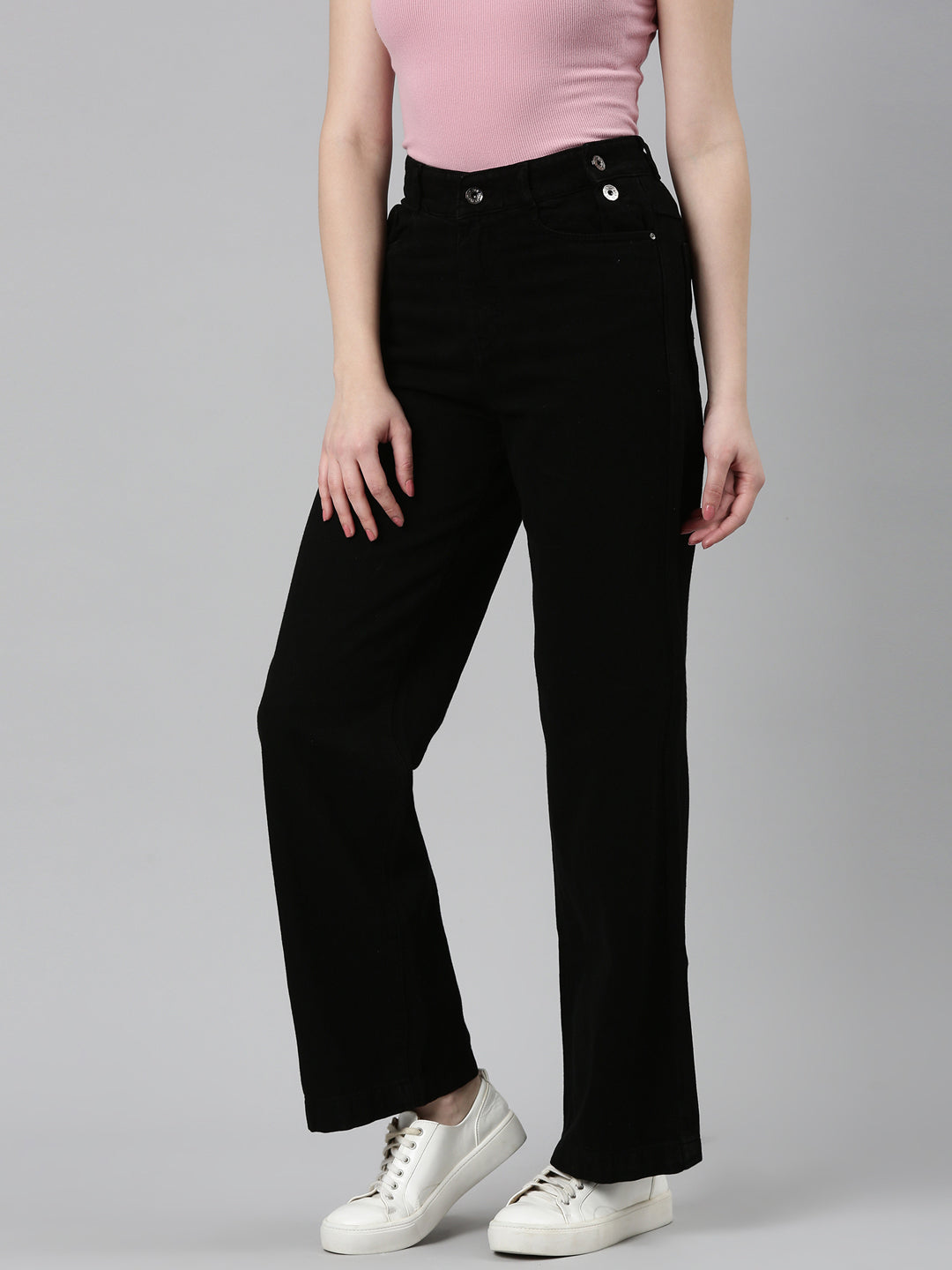 Women Black Solid Wide Leg Denim Jeans