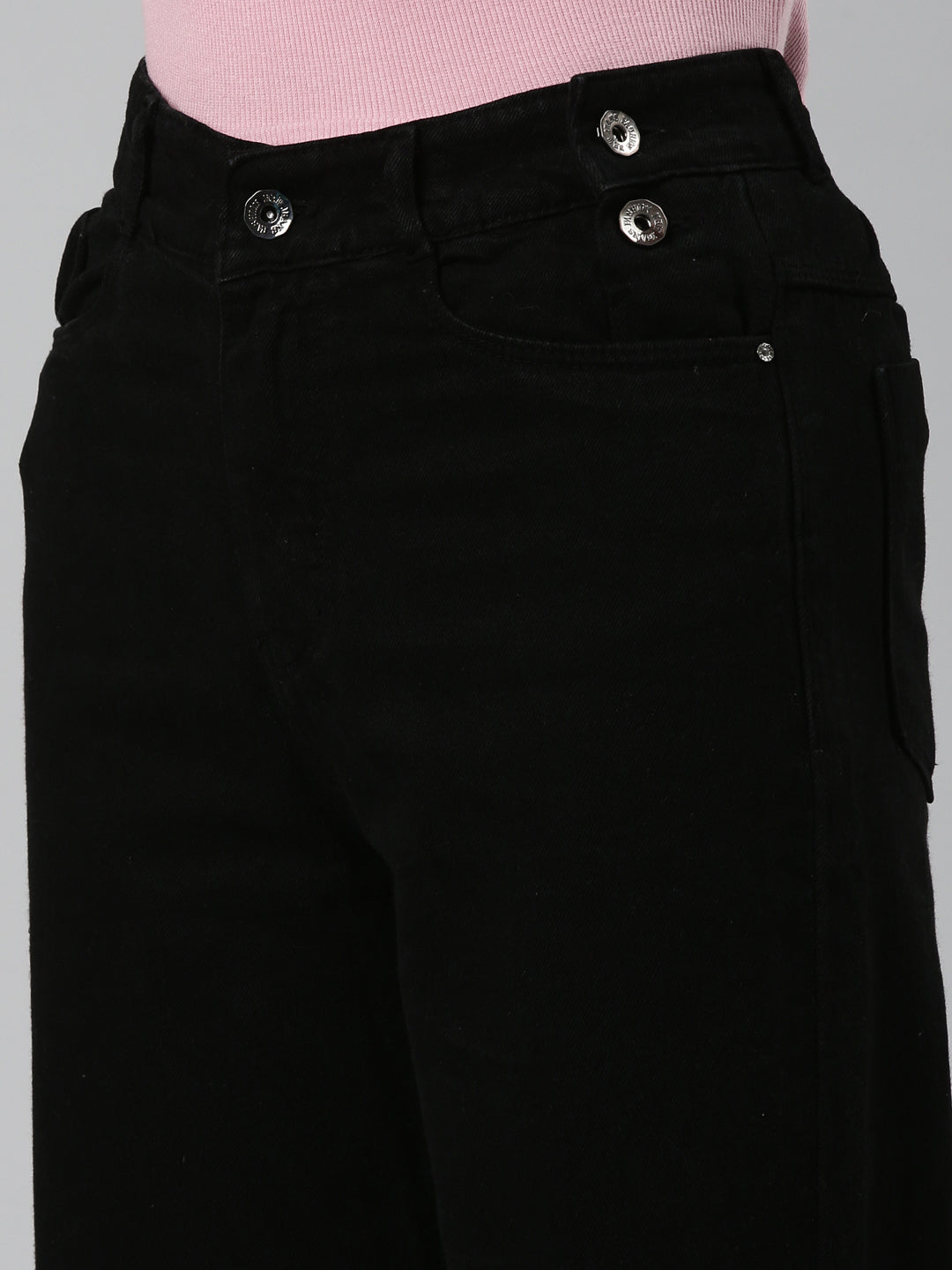 Women Black Solid Wide Leg Denim Jeans