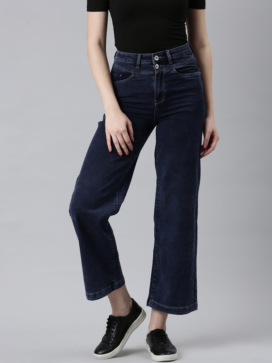 Women Navy Blue Solid Mom Fit Denim Jeans